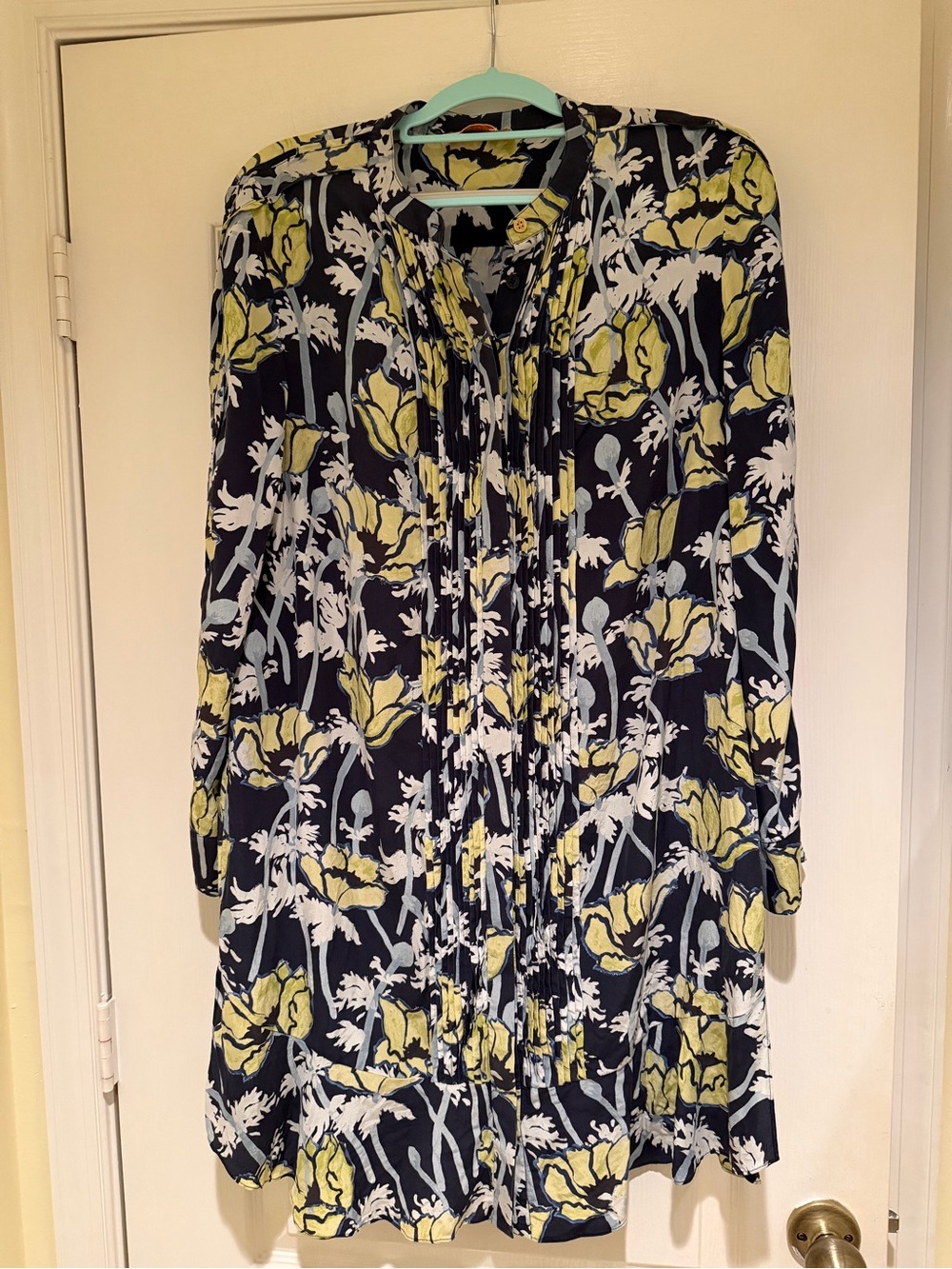 Tory Burch Navy Floral Pintuck Long Sleeve Tunic Dress with Yellow Accents